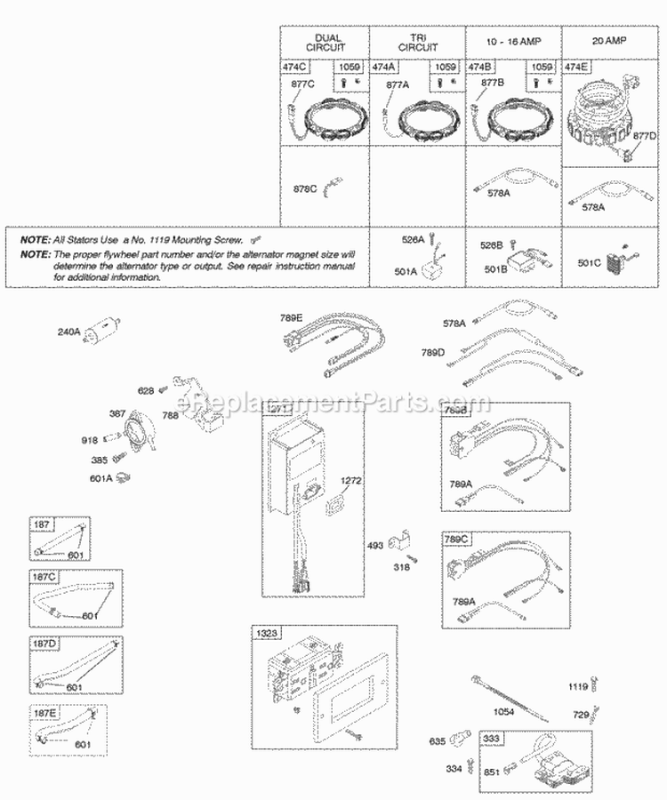 Alternator Fuel Supply Ignition Diagram and Parts List for 446777-0241-E1  Briggs and Stratton Engine